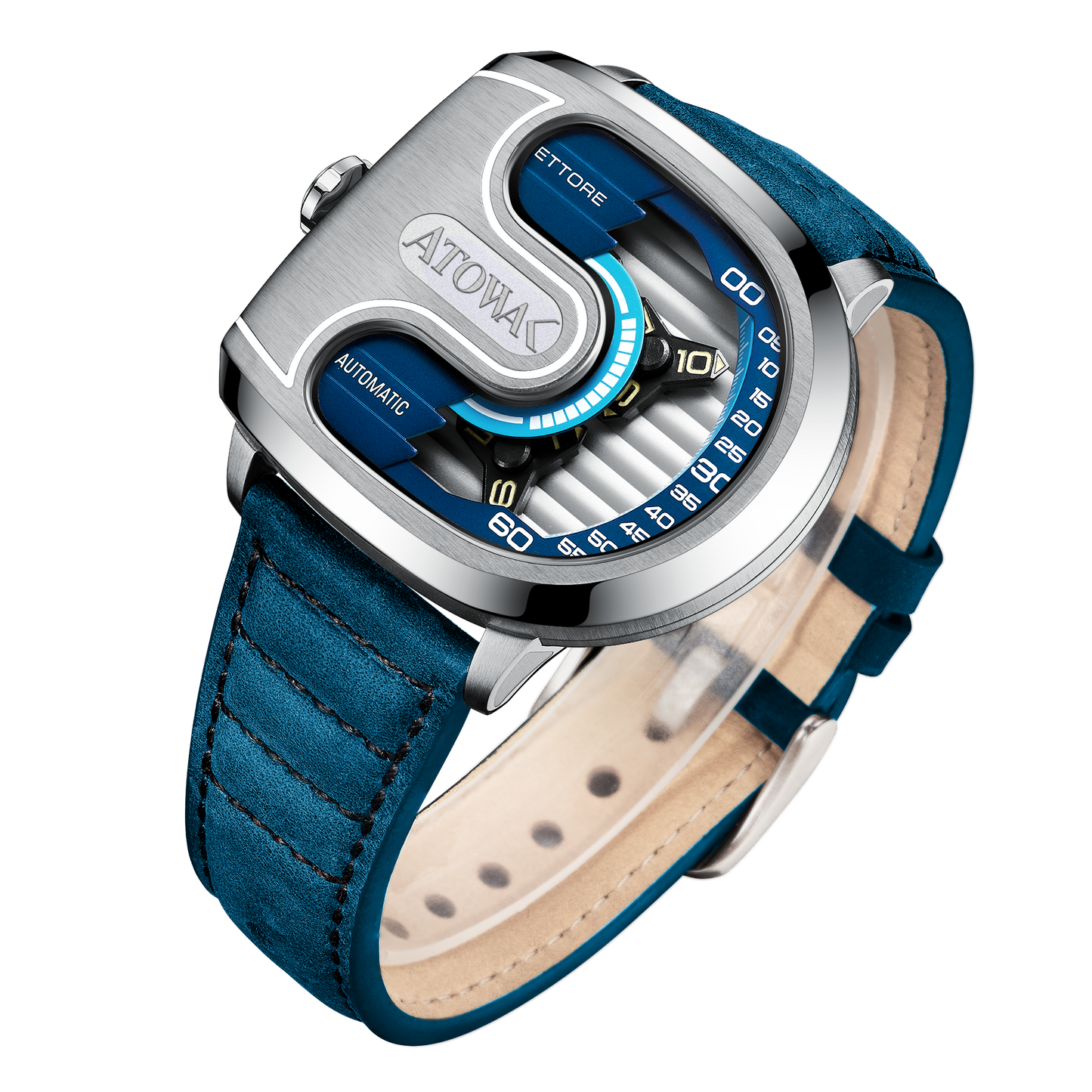 Atowak Ettore Drift 4-Arm Wandering Hour Silver Blue Watches